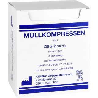 Mullkompressen 10x10 cm steril 8fach Bw 25X2 stk von KERMA Verbandstoff GmbH PZN 07453609